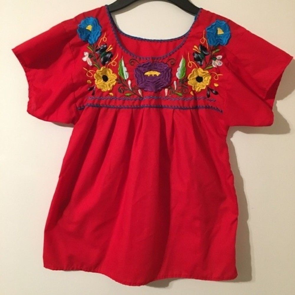 Embroidered floral red top
